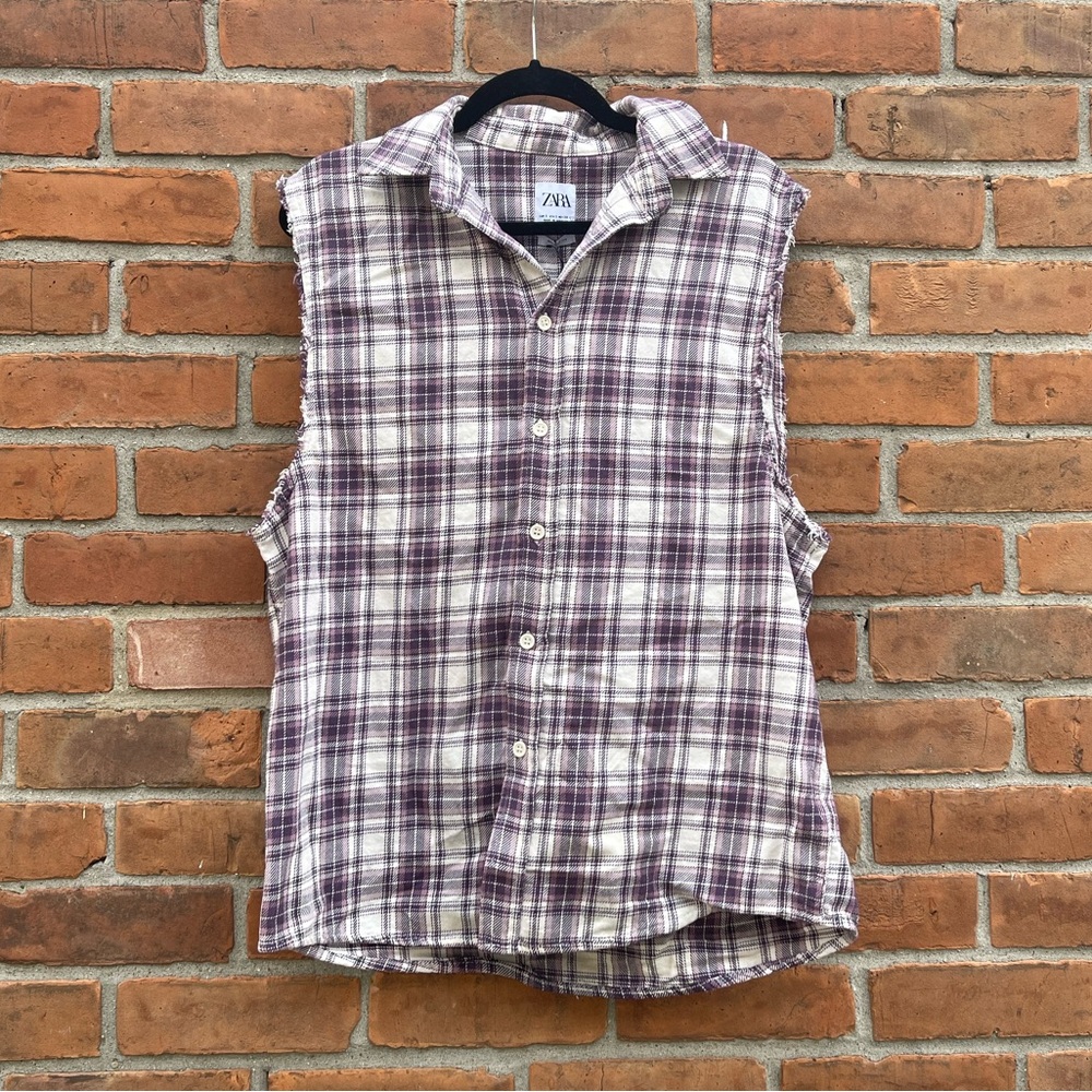 NWT Zara Button Down Sleeveless Grange Plaid Shirt